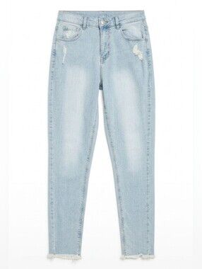 Harlow Mom Jeans Womens Size 26 Light Blue Distressed Denim Raw Fringe Cuff